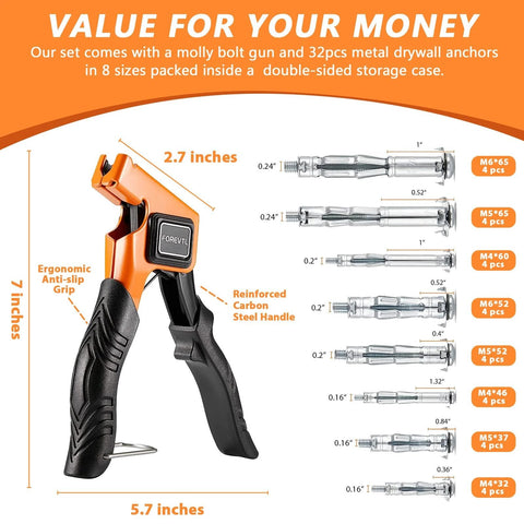 Molly Bolts Drywall And Plaster Walls Kit With 32 Pieces In 8 Sizes Includes Screws And Molly Bolts Setting Tool Heavy Duty Hollow Wall Anchors