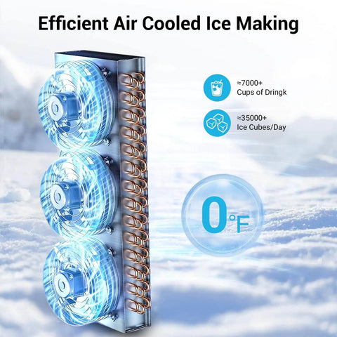 Efficient air-cooled ice maker with copper condenser and blue fans for high ice production at cafes and bars specialized use.