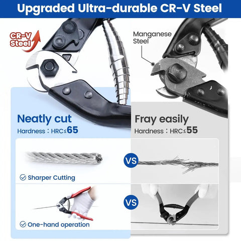 Image of Heavy Duty Stainless Steel Cable Cutter For Wire Rope Up To One Eighth To Five Thirty Seconds Of An Inch The Workhorse For Deck Railing Fences Bike Housing And Metal Projects Aircraft Grade Build Model M015 By Muzata showing sharp cutting ability and tools in use.