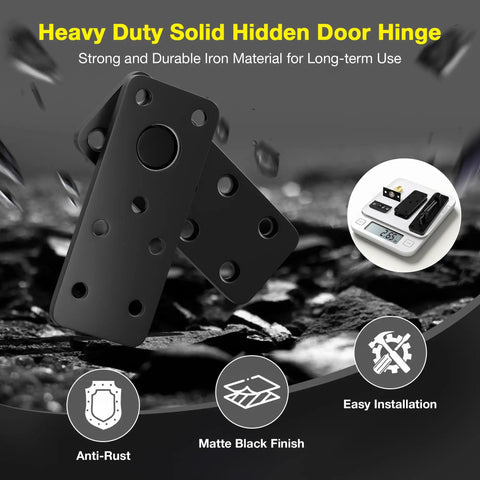 Heavy Duty Solid Hidden Door Hinge with matte black finish, shown with installation tools and features for easy installation.