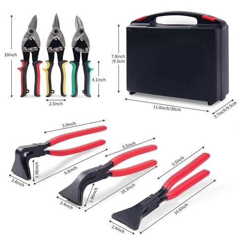Six In One Sheet Metal Tool Set Pro Grade Heavy Duty Bending And Cutting Kit with three hand seamers, three tin snips, and black storage case