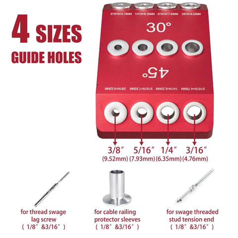 Angled Pro Grade Drill Guide For Cable Railing With 30 Degree 45 Degree And 90 Degree Holes Heavy Duty Drill Jig, red with guide holes.