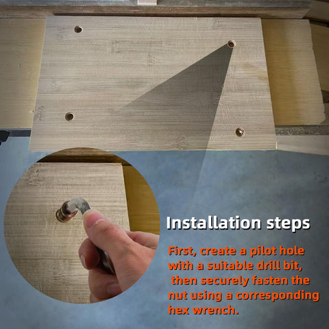 Installation of Threaded Inserts For Wood Kit 121 Pieces Zinc Plated Steel in wooden board using hex wrench.