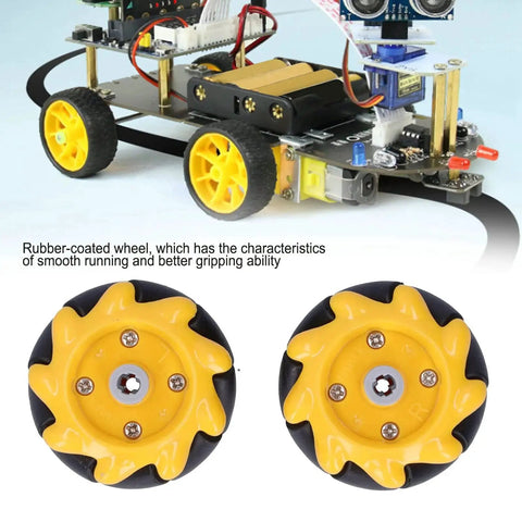 Mecanum Wheel Set for DIY Robots omni directional rubber coated ABS 48mm wheels in yellow and black finish with smart robot car