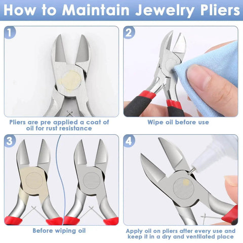 Guide on maintaining Beast Pro Grade Wire Cutters for crafts and jewelry making with images of cleaning and oiling steps.
