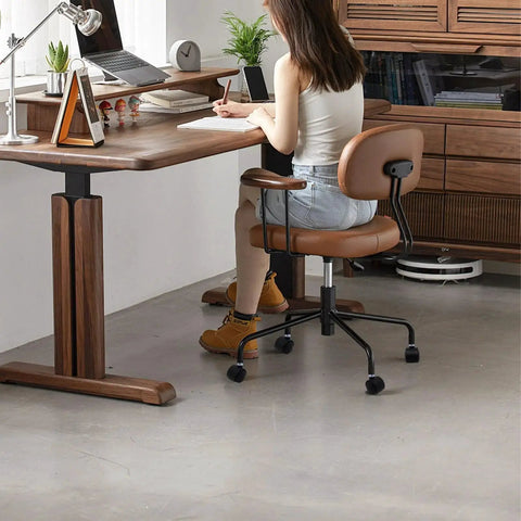 Woman seated on office chair with 1.5 Inch Swivel Caster Wheels Set Of 4 For Furniture Tables Cabinets And Office Chairs With M6 Rod 15mm