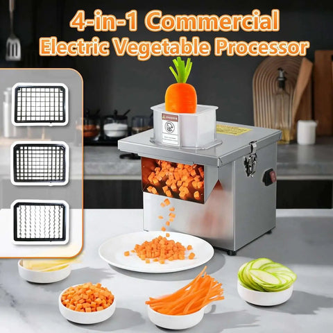 4 In 1 Commercial Vegetable Processor With 200W Electric Slicer Dicer Shredder And Crinkle Cutter All Stainless Steel 110 Volt Built For Heavy Duty Commercial And Home Use in a kitchen setting with various diced vegetables.