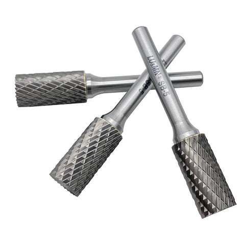 Double Cut Cylinder Tungsten Carbide Burr Set for Metalworking and DIY Fabrication One Half Inch Cutter Diameter, displayed overlapping.