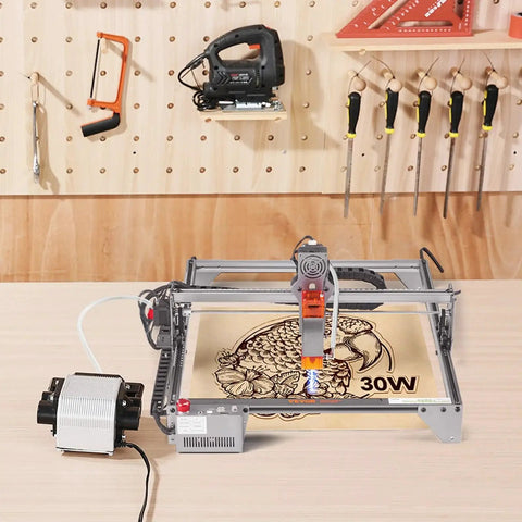 Pro Grade Air Assist Pump Kit For Laser Cutters And Engravers With Adjustable 30 L Per Minute Airflow in use on workbench