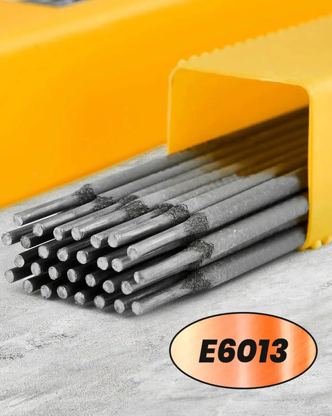 Versatile E6013 3/32 Inch Carbon Steel Welding Rods, 1 Pound Stick Electrodes for AC DC, shown in yellow packaging.