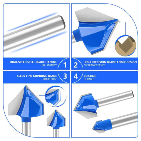 Eight-Piece 90 Degree V-Groove Router Bit Set With 1/4 Inch Shank, carbide-tipped for woodworking chamfer bevel cuts, product features
