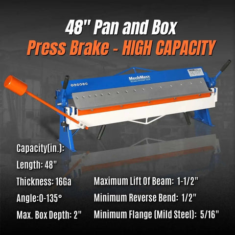 48 Inch Manual Pan And Box Brake For Sheet Metal, 16 Gauge Mild Steel Capacity, 135 Degree Bend, blue heavy duty steel frame