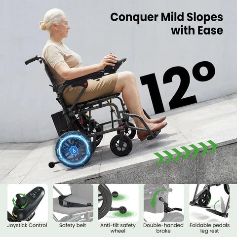 SUNDERWELL electric wheelchair for adults, black foldable frame with removable battery and dual-brake system side view