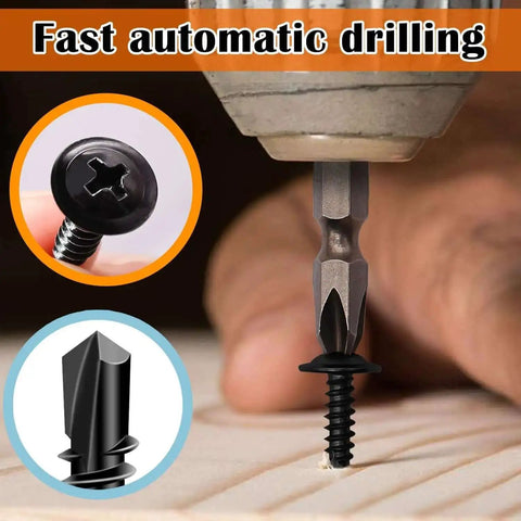 Close-up of self tapping metal screws kit size eight in 410 stainless steel black oxide truss head being drilled into wood.