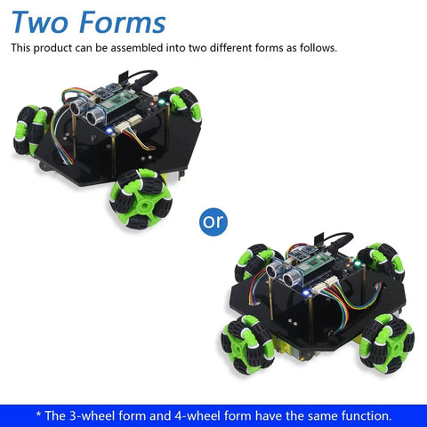 Omni Wheel Robot Car Kit For Raspberry Pi Pico W with 3/4 wheel forms showing modular setup and components.