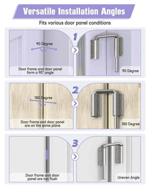 Versatile installation angles for Built Tough Multi Angle Sliding Door Loop Lock For Barn Doors And More, showing 90 and 180 degrees.