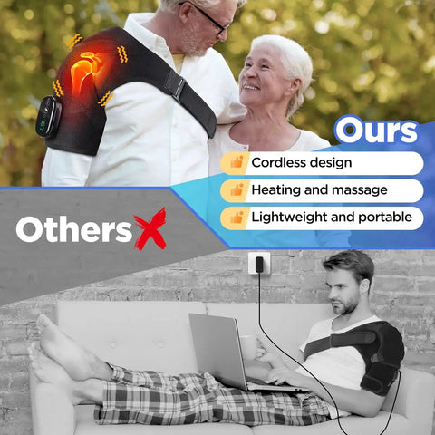 Cordless Shoulder Heating Pad And Massager With Heat And Vibration shown in use highlighting portability and effectiveness