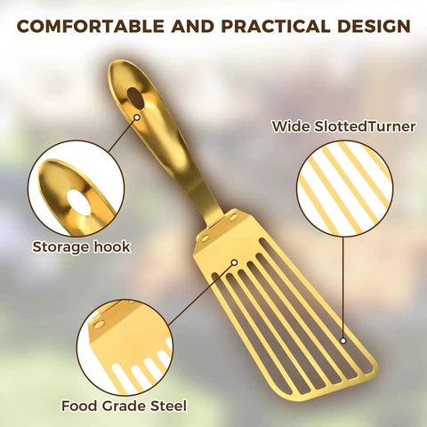 High Heat Stainless Steel Slotted Spatula For Frying And Turning With Non Slip Ergonomic Handle Works Like A Champ Heavy Duty Fish Turner In Gold Finish For Kitchen Use Snailhouse