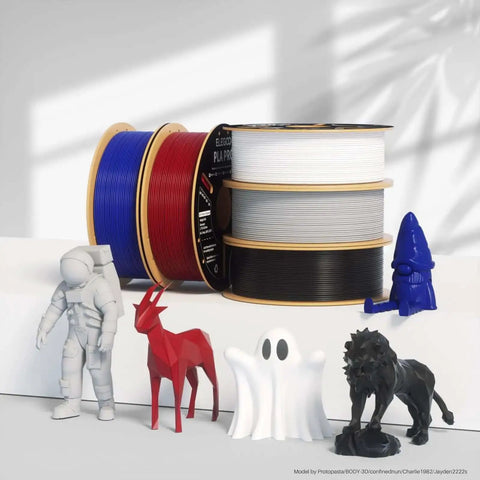 Pro Grade Burgundy Red 1.75mm PLA Pro Filament, 1Kg Spool, with colorful 3D printed models like astronaut and ghost