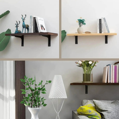 24 X 14.2 Inch Heavy Duty Rugged Shelf Brackets Set For 24 To 30 Inch Shelves installed with decor items on shelves