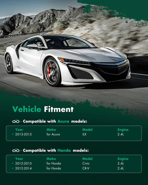 White sports car on a road with compatibility chart for Acura ILX 2013-2015 and Honda Civic, CR-V 2012-2015 2.4L engines.