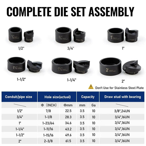 Ratchet Knockout Hole Punch Kit 1/2 To 2 Inch Slug-Buster Conduit Cutter Set chart of die sizes and capacities