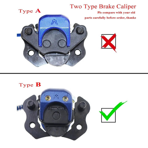 Two blue rear ATV hydraulic brake calipers labeled Type A and Type B.