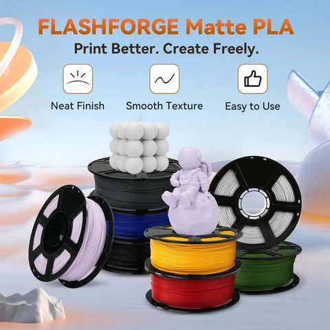 Various spools of Matte White PLA Filament 1.75mm 1kg with colorful options, featuring smooth matte finish and consistent extrusion.