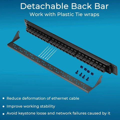 24 Port Cat6 Patch Panel With Inline Keystone 10G Support Plug And Play, removable back bar with screws, blue background.