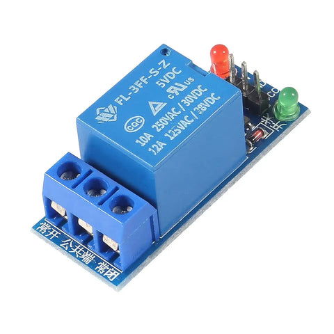 Five Volt One Channel Relay Module With Opto Isolation And High Low Level Trigger for Arduino, blue circuit board with terminals and LEDs.