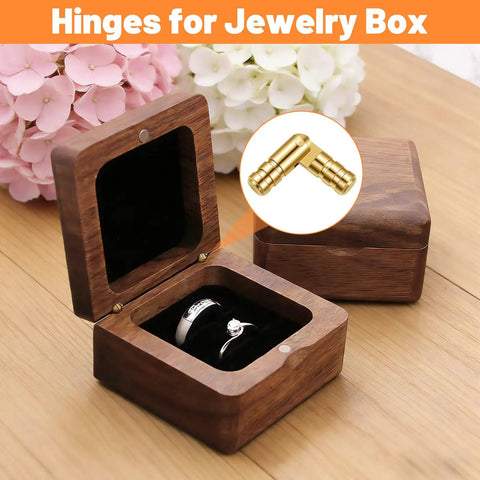 Open jewelry box with ring showing hidden brass barrel hinges set 30 pieces for DIY crafts and small boxes.