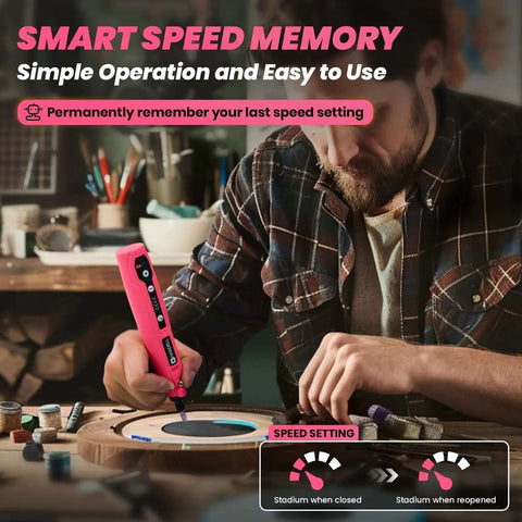 Man using Mini Cordless Rotary Tool Kit With 69 Accessories, 5 Speed 5000 8000 11000 14000 18000 RPM, 3.7V USB Rechargeable, Pink