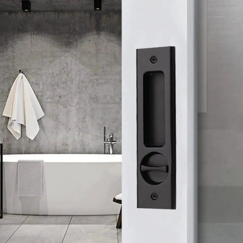 Matte Black Sliding Door Handle For Bath And Barn Doors, Zinc Alloy Flush Handle With Privacy Pocket Door Lock on interior door.