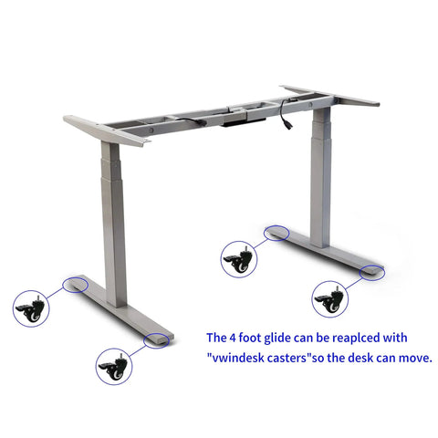 Adjustable standing desk frame with 2 Inch M8 Threaded PU Swivel Casters Set Of 4 With Brakes For mobility and stability.