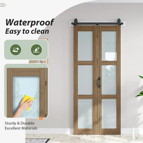 Double 18x84 Frosted Glass Bifold Barn Door Set With Hardware Kit Included, installed in a room, showing brown frame and frosted panels.