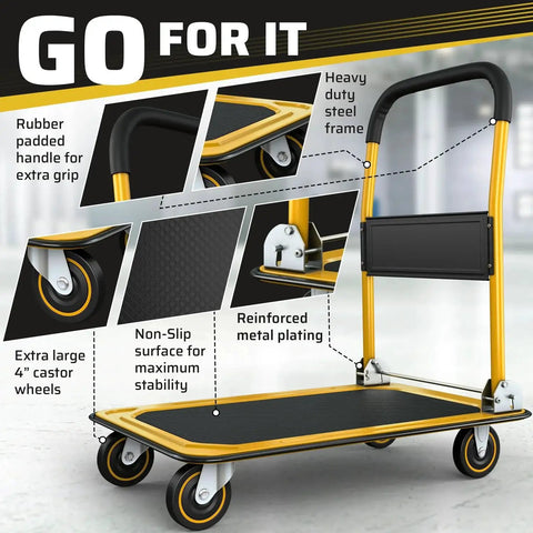 Heavy Duty Foldable Push Cart Dolly With 660 Lb Capacity And Upgraded Collapsible Hand Truck featuring swivel wheels, yellow