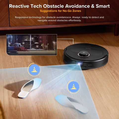 roborock Qrevo S5V robot vacuum and mop on a wooden floor, black round unit with blue mapping light and inset obstacle map
