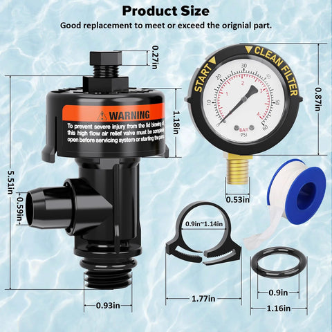 Manual pool filter air-relief valve with gauge; black body, orange warning label; includes gauge, plug, O-rings, clips.