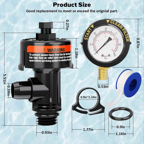 Manual Air Relief Valve For Pool And Spa Filters With Pressure Gauge Replacement Includes Gauge Plug O Rings And Clips