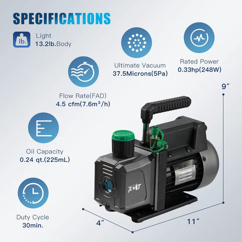 PB Motor TECH vacuum pump with 3-way manifold gauge, 4.5 CFM, 1/3 HP, R134a/R12/R22/R502, puncture can tap