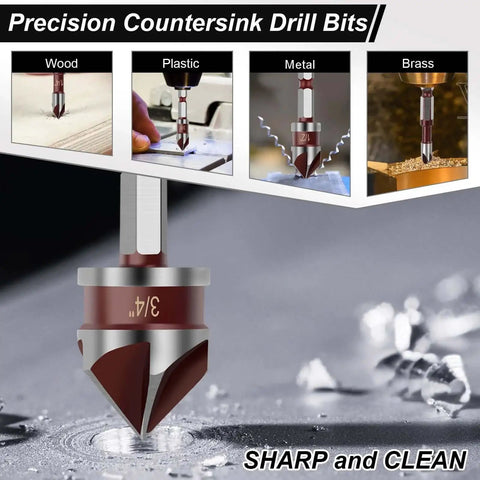 Countersink Drill Bit Set 82 Degree HSS With One Quarter Inch Hex Shank Five Piece Kit shown drilling into wood, plastic, metal, brass.