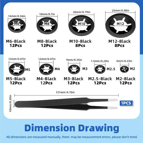 Dimension drawing of 261 Pcs Lock Washer And E Clip Kit with size details, including tweezers.
