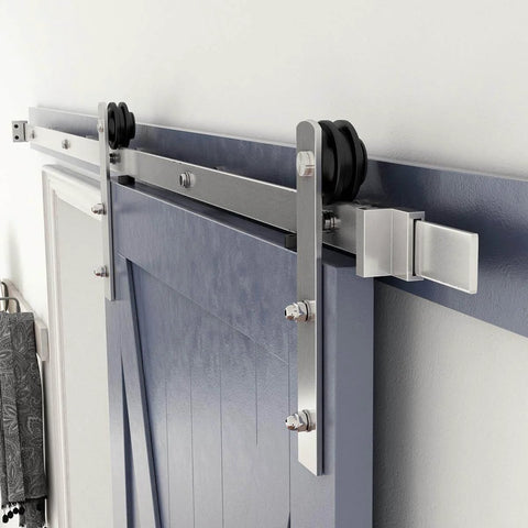 Brushed Nickel Sliding Barn Door Hardware Kit With 6.6-Foot Rail For 36-40 Inch Doors, Quiet Smooth Track, installed view