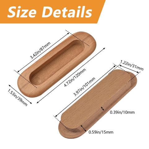Size details of Oval Wood Recessed Concealed Door Handle Set Two Piece For Sliding Doors And Cabinets, made from natural beech wood.