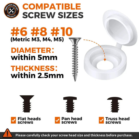 Plastic Hinged Screw Cover Caps 150 White Snap On Caps With Flip Tops showing compatible screw sizes and types