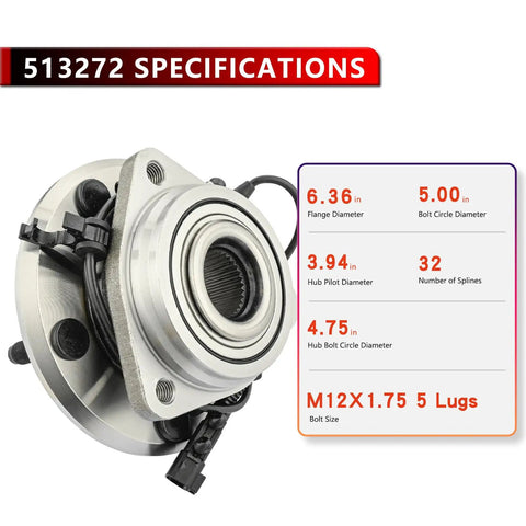 Front Wheel Hub And Bearing Assembly For Jeep Wrangler 2007 2016 With Five Lugs And ABS, shown with specifications