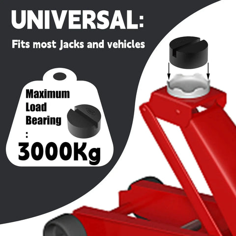 Universal Pinch Weld Jack Pad Adapter For Side Frame Rail Protector 2 Pack on a red floor jack with 3000kg load rating.