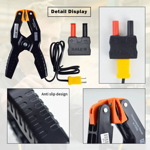 ZIBOO 69140 K-Type thermometer clamp with yellow probe plug for HVAC and multimeters, anti-slip grip