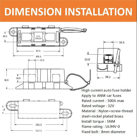 Technical drawing of Mega Fuse Holder For 1 Mega Fuse Pack Of 2 Heavy Duty Car Electrical Fuse Block with M8 bolts and hex nuts