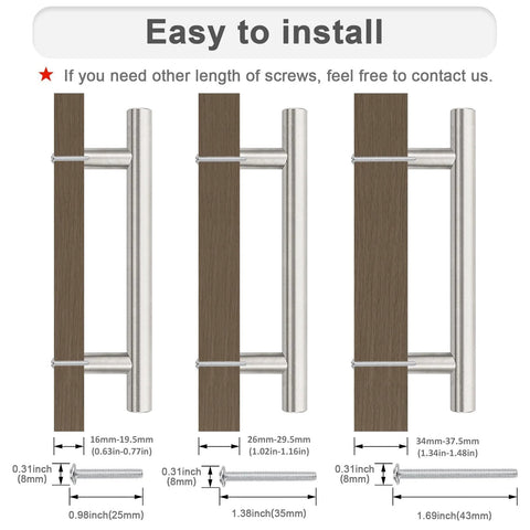 Diagram of 30 Pack Hole Center 96 Millimeter Brushed Nickel Cabinet Pulls with screw sizes 25mm, 35mm, 43mm for easy installation
